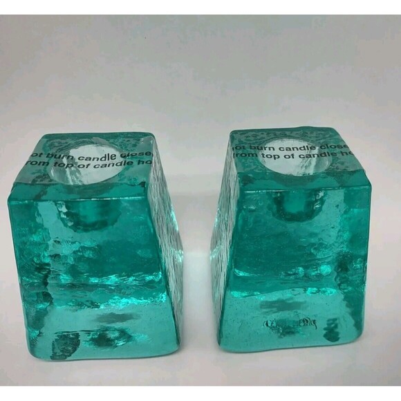 FIRE & LIGHT Recycled Art Glass 2.5" Aqua Blue Green Candlesticks - Picture 5 of 7